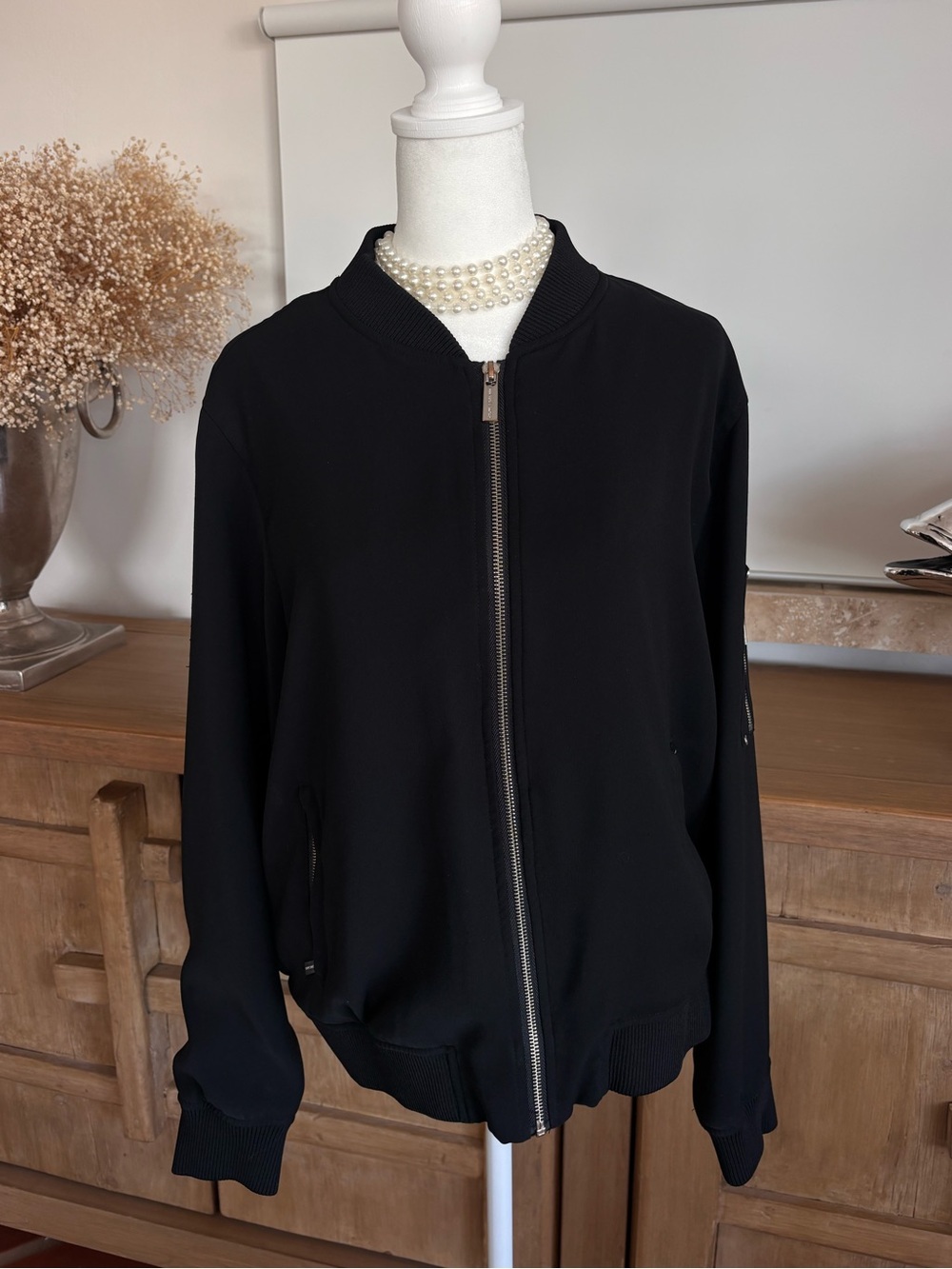 MICHAEL Michael Kors Black Silky Bomber Jacket Silver Zip L Y2K Fall - Picture 6 of 13